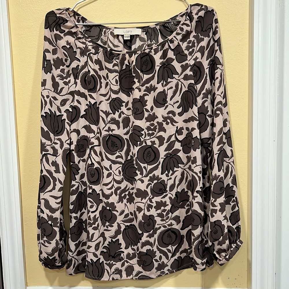 LOFT Women's Floral Print Top - Black and Cream